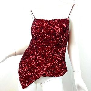 Cache Vintage Dark Red Heavily Sequined  Asymmetric Top
